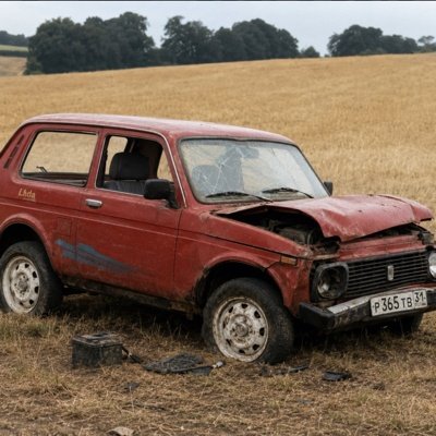 Rusted Soviet Lada in a field at sunset