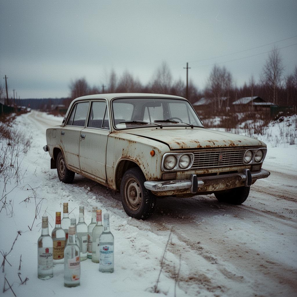 Lada parked on snowy road with empty vodka bottles